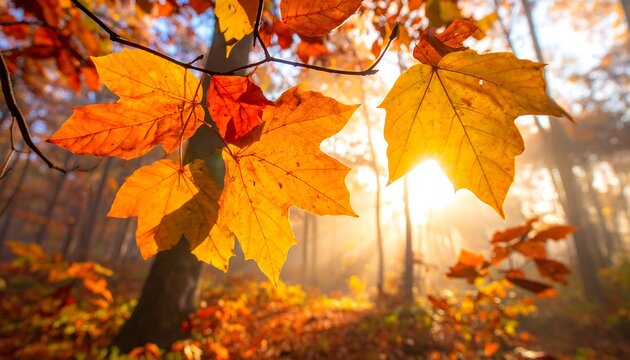 Close-up of vibrant autumn leaves, illuminated by sunlight filtering through a misty forest. Focus on detail and warm colors