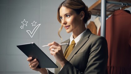 Businesswoman using digital tablet with checkmark doodle, retail quality approval
