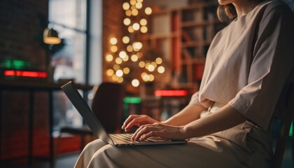 Woman typing on laptop with Christmas lights in background, cozy remote work evening