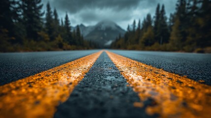 Embark on an epic journey down a wet, yellow-lined highway leading to majestic, misty mountains and dark, dense pine forests under a dramatic sky.