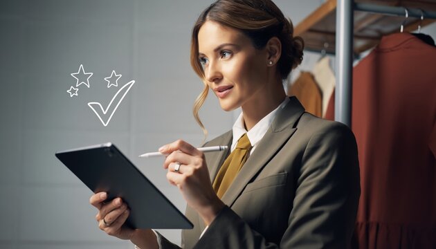 Businesswoman using digital tablet with checkmark doodle, retail quality approval - Powered by Adobe