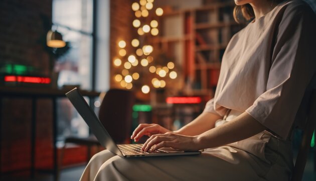 Woman typing on laptop with Christmas lights in background, cozy remote work evening - Powered by Adobe