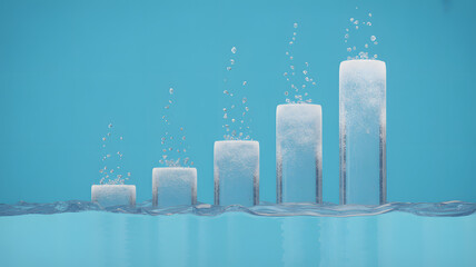 Water Bar Graph: An abstract visualization showcasing data trends with rising levels of ice, water, and bubbles, signifying growth, progress, and increasing levels.