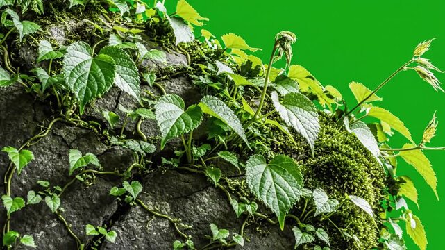 Tendrils of ferns unfurl in soft dappled light with tendrils of green life reach effect green screen plant growth time lapse style