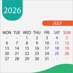 Vector illustration of a calendar for July 2026