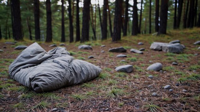 Silent woodland campsite, Solitary tent sleeping bag among rocks in quiet forest clearing, Serene woodland scene with forsaken camping equipment scattered across forest floor and pine