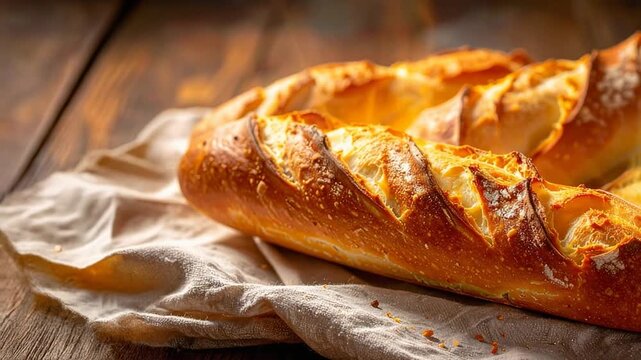 焼きたてフランスパンのサクサクとしたクラストが光を受けて輝く美味しさ