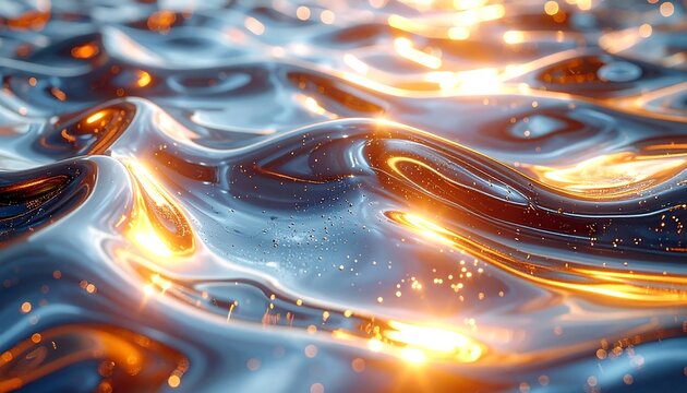 Close-up of undulating, metallic liquid surface, reflecting warm orange light. Tiny sparkling particles scatter over the abstract fluid