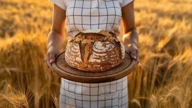 チェック柄のエプロンを着た女性が木製ボードに焼き立てパンを並べた温かな光景