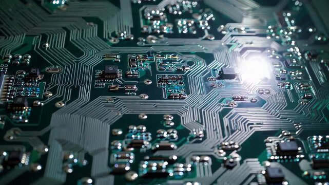 Highresolution image of industrial electronic components, Close examination of printed circuit boards highlighting solder connections and intricate trace pathways under teal illumination
