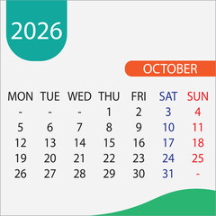 Vector illustration of a calendar for October 2026