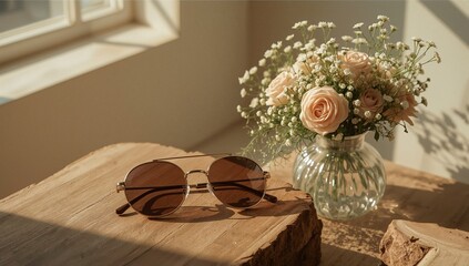 Elegant gold aviator sunglasses rest on rustic wood beside delicate peach roses in a sunlit room, evoking warmth and style
