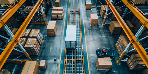 Automated Warehouse with Conveyor System and Stacked Boxes"