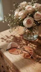 Elegant rose bouquet and stylish sunglasses rest on a sunlit rustic wooden table creating a serene and sophisticated scene perfect for lifestyle and beauty concepts.