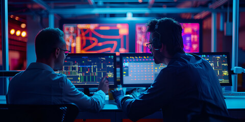 Engineers Collaborating in High-Tech Control Room with Data Visualization"