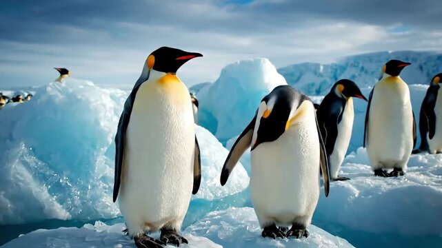 A serene line of king penguins waddling purposefully across a snow dusted, barren landscape towards the distant ocean under a soft, golden polar light.