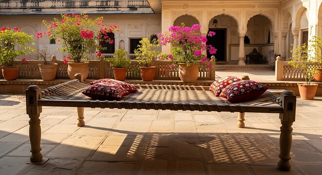 A woven bed with pillows in a courtyard with potted plants and arched doorways in the background