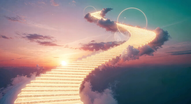 A glowing stairway to heaven ascends through clouds at sunset, symbolizing hope and spirituality