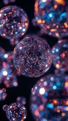 Captivating abstract spheres with intricate geometric patterns and vibrant bokeh lights evoke a sense of futuristic innovation and dynamic energy, perfect for technology and design projects.