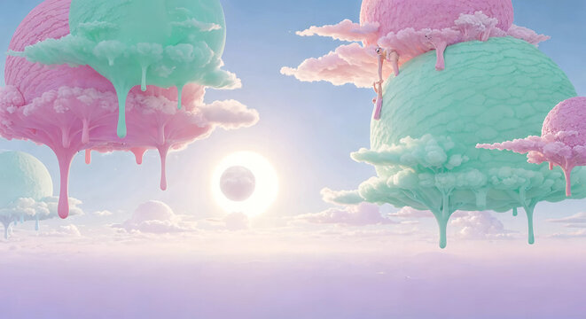 Surreal dreamscape with pastel ice cream clouds floating in a bright sky