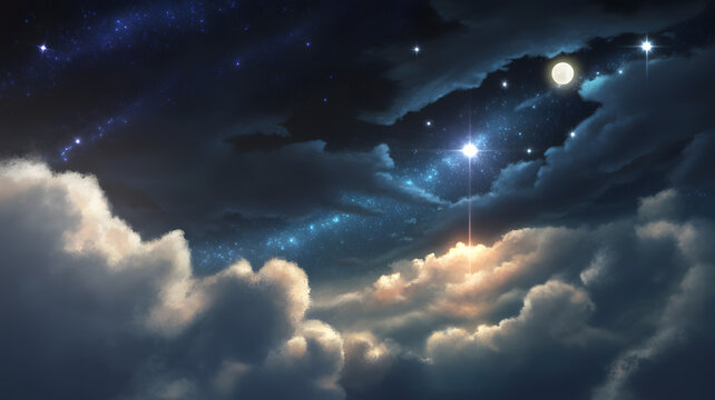 Celestial Serenity: A mesmerizing nightscape of fluffy clouds and twinkling stars, capturing the serene beauty of the cosmos. - Powered by Adobe