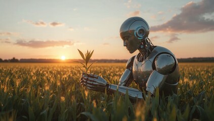 Advanced robot meticulously examines a young plant in a golden wheat field at sunset, symbolizing futuristic agriculture and sustainable growth