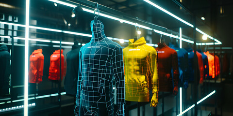 Fashion Showroom with Geometric Mannequins Displaying Colorful Jackets"