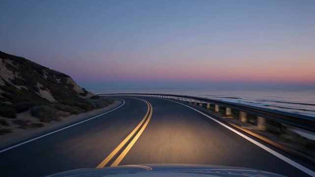 Sunset seaside roadway scene, Dusk journey along cliffside highway illuminated by safety lines, Ambient cinematic scene showcasing coastal highway at dusk with safety features and ocean