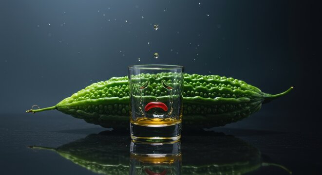 Exotic Drink with Bitter Melon: An intriguing composition features a shot glass filled with a clear, alcoholic beverage and a stylized emblem at the bottom, accompanied by a fresh bitter melon.