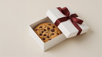 Indulge in a decadent chocolate chip cookie, beautifully presented in an elegant gift box tied with a rich burgundy ribbon, a perfect sweet treat for any occasion.