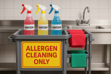 Cleaning cart with color coded sanitizer bottles for allergen cleaning only. Controlled hygiene setting in commercial kitchen ensures food safety and proper sanitation protocol