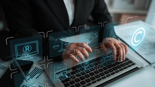 Digital copyright protection system showing secure ownership, intellectual property rights, content verification, and legal warning icons for creators and publishers Marrow