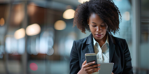 "Professional Woman Using Smartphone and Tablet in Office