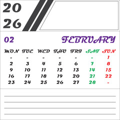 Calendar design for February 2026