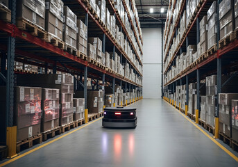 An autonomous guided vehicle navigates through a large warehouse with pallets