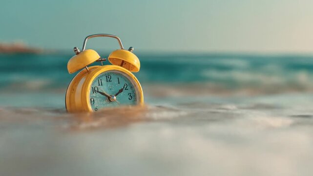 A bright yellow vintage alarm clock rests on damp sand by the sea, sunlit waves blur behind. At dusk