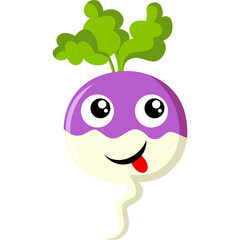 Cute Purple And White Turnip Vegetable Character With Green Leaves Sticking Out Its Red Tongue And Big Eyes On A White Transparent Background