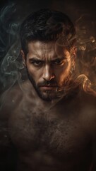 Intense, determined man with a rugged beard stares intensely through swirling dramatic smoke and moody lighting, projecting power and mystery