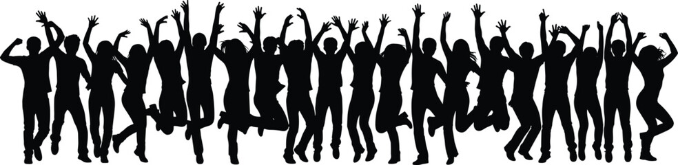 Silhouette people jumping in air, celebration pose, energetic movement, unity, joy, black figures on white background, dynamic posture, vector illustration, stock art