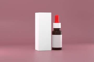 Amber brown dropper bottle with paper box mockup 3d render