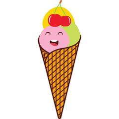 Cute Pink Green Ice Cream Cone With Happy Face And Cherry Topping On Yellow Circle Background With Transparent Background
