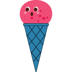 Cute Pink Ice Cream Cone With A Surprised Expression And A Blue Waffle Cone On A Transparent Background