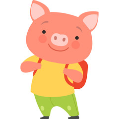 Cute Pink Pig Wearing A Yellow T Shirt Green Pants And A Red Backpack With A Happy Smile Ready For School