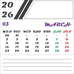 Calendar design for March 2026