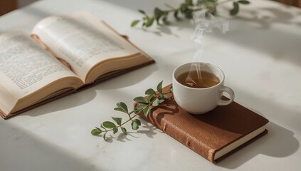 Steaming cup of herbal tea rests atop a vintage leather journal beside an open antique book, inviting peaceful contemplation and quiet study moments.