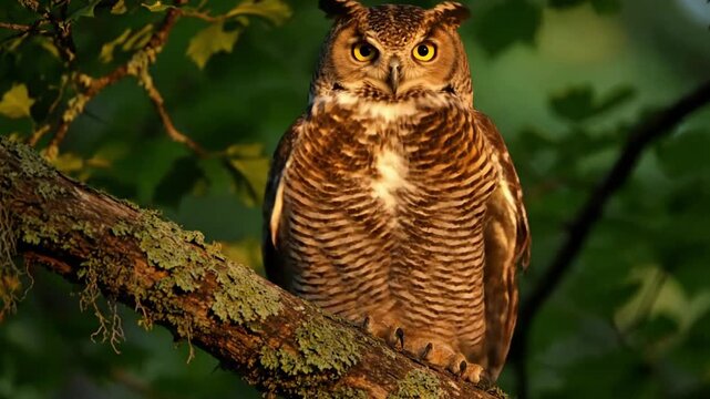 An owl hooting softly amidst the rustling leaves of a deciduous forest, with natural ambient sounds, emphasizing its communication in the wild. Focusing on the auditory and visual elements of an?