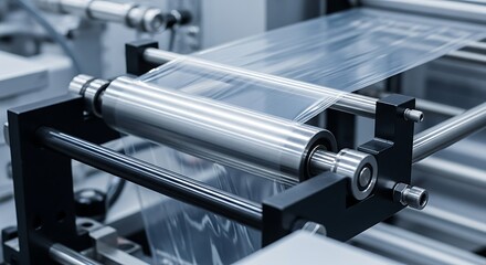 Efficient production line creating plastic wrap for packaging solutions and food safety, showcasing industry process and material handling