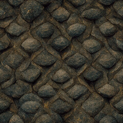Seamless dark cobblestone stone texture, tileable medieval pavement background