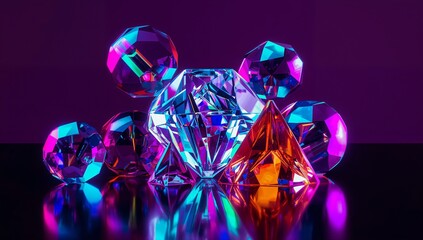 Captivating diamond cluster sparkles with vibrant neon light, reflecting luxury, wealth, and precious glamour in a dramatic studio setting