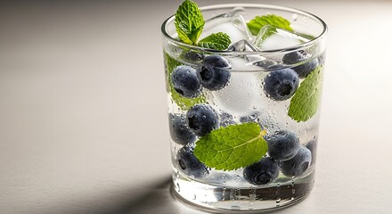 Refreshing Blueberry Mint Infused Water with Ice Cubes.